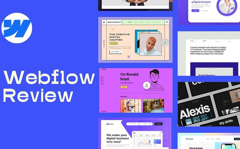 The Image is showing multiple websites built using webflow, a logo and a bold text Webflow Review.