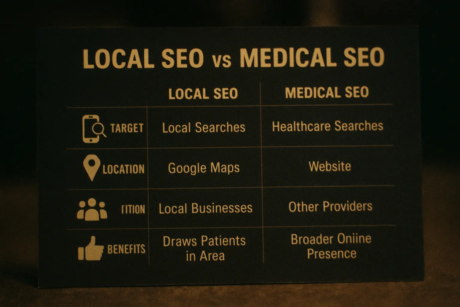 Comparison chart on a dark background explaining the differences between local SEO and medical SEO. Categories include target, location, competition, and benefits. Local SEO focuses on local searches and maps, while medical SEO focuses on healthcare searches and broader online presence.