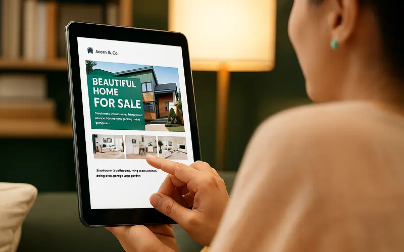 A woman is watching real estate newsletter.