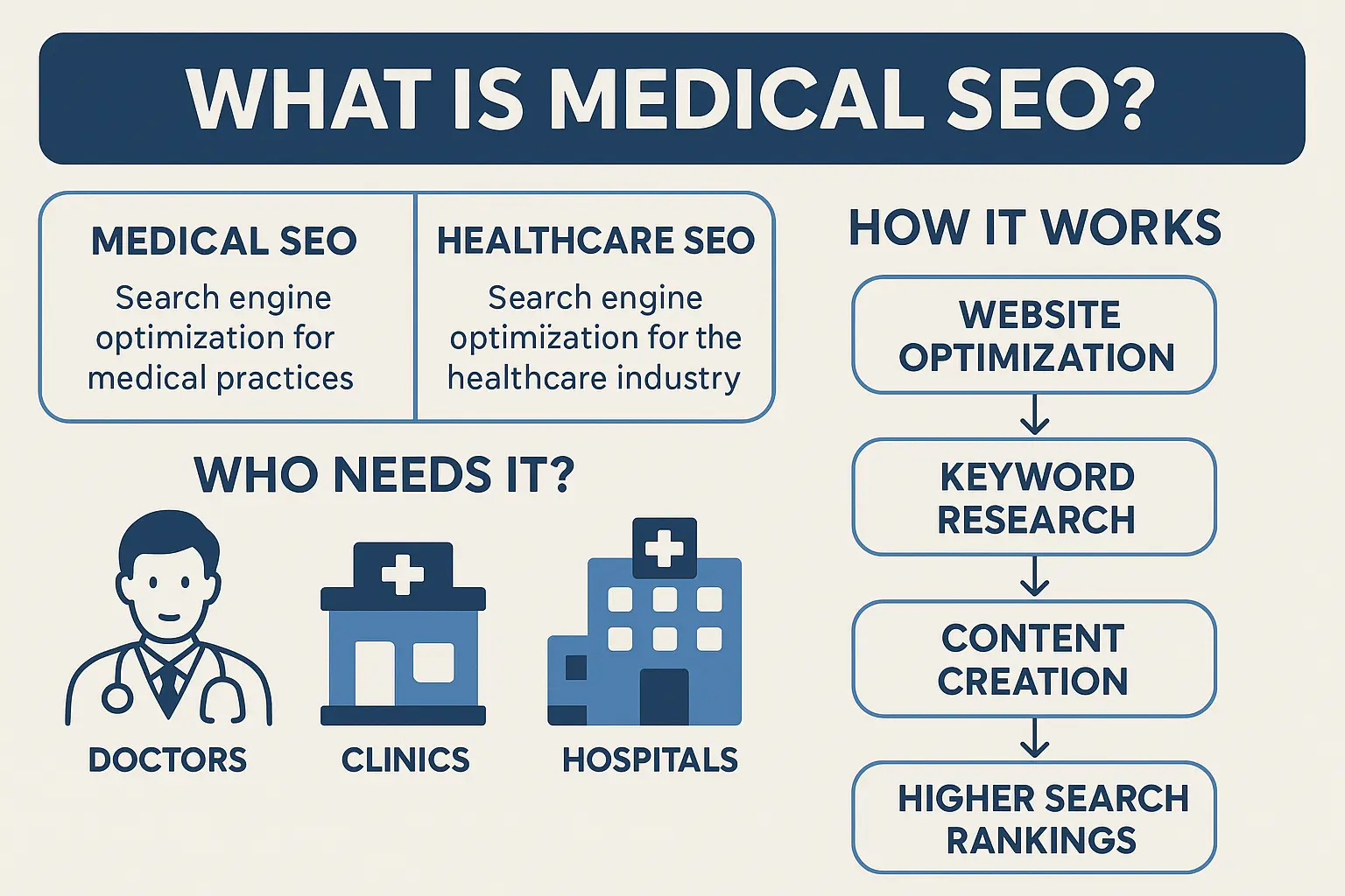 Infographic explaining what medical SEO is. It defines medical SEO as optimization for medical practices and healthcare SEO as optimization for the healthcare industry. It shows that doctors, clinics, and hospitals need it. A flowchart explains how it works: website optimization, keyword research, content creation, leading to higher search rankings.