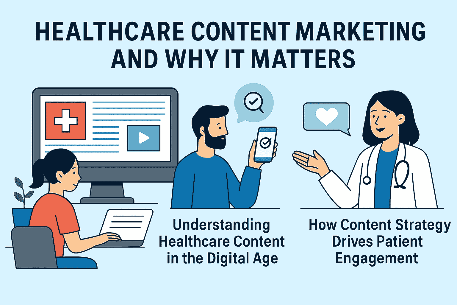 Infographic titled "Healthcare Content Marketing and Why It Matters" showing a woman working on a laptop, a man holding a smartphone with a checkmark, and a female doctor explaining content strategy—illustrating the importance of digital healthcare content and patient engagement.
