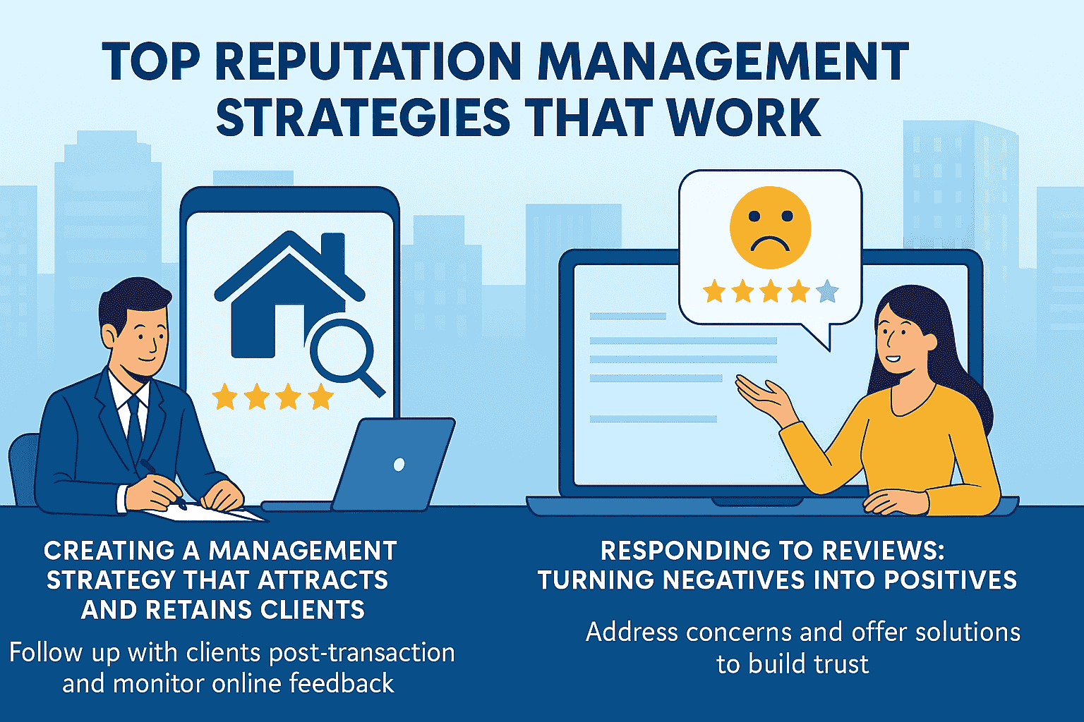 Infographic titled "Top Reputation Management Strategies That Work" featuring two main sections. The left shows a business professional and a screen with a house icon and review stars, representing “Creating a Management Strategy That Attracts and Retains Clients.” The right shows a woman responding to a sad-face review, symbolizing “Responding to Reviews: Turning Negatives into Positives.” Each section includes supporting text about client follow-up and addressing concerns.