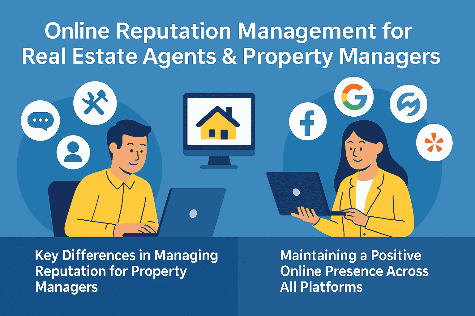 Infographic titled "Online Reputation Management for Real Estate Agents & Property Managers" showing two characters using laptops. On the left, a man is labeled under “Key Differences in Managing Reputation for Property Managers” with icons representing messaging, tools, and user profiles. On the right, a woman is shown under “Maintaining a Positive Online Presence Across All Platforms” with platform icons including Facebook, Google, Zillow, and Yelp. A computer with a house icon is centered between them.