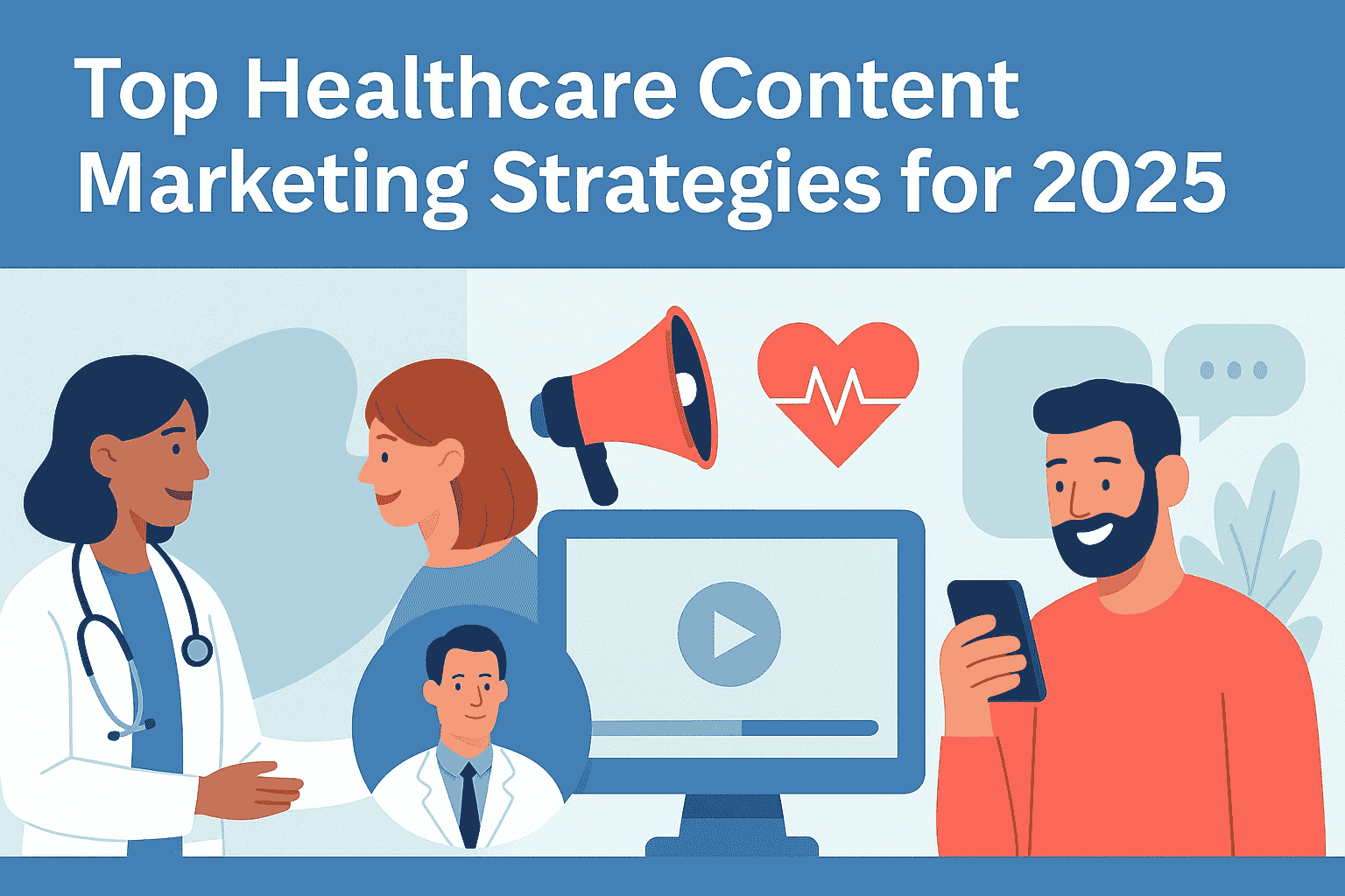 Flat-style illustration showing top healthcare content marketing strategies for 2025, including a doctor interacting with a patient, a megaphone with a heart monitor icon, a video player on a screen, and a man engaging with healthcare content on his smartphone.