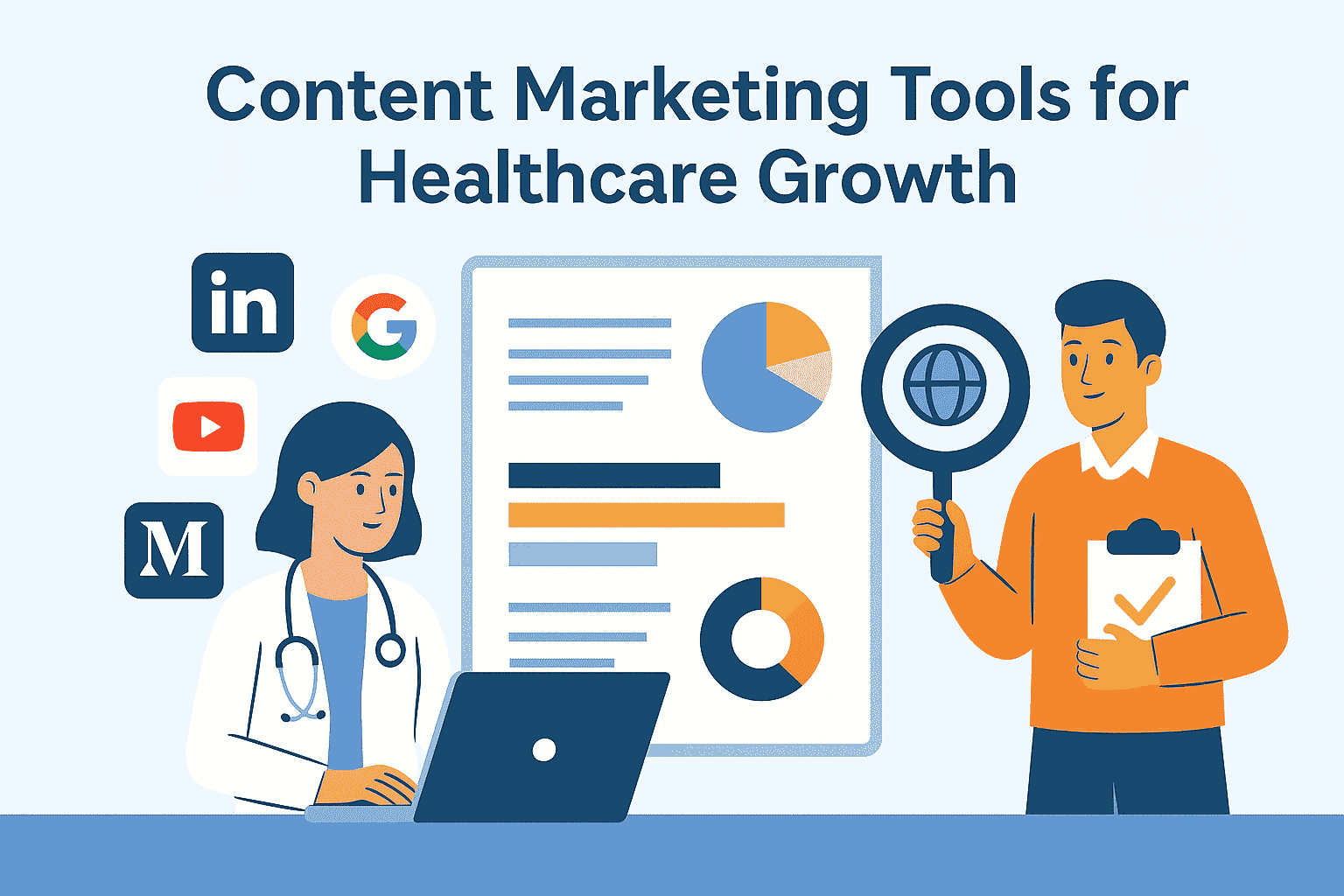 Illustration showing a healthcare professional using a laptop, surrounded by icons for LinkedIn, Google, YouTube, and Medium, alongside charts and graphs, and a marketer analyzing a globe with a magnifying glass—symbolizing content marketing tools and platform integrations for healthcare growth.