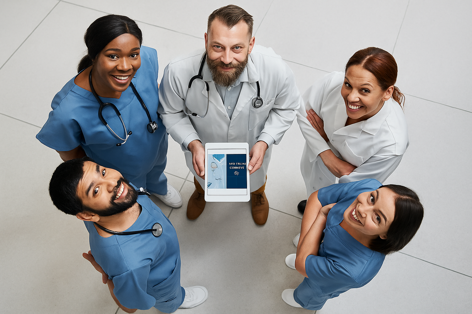 Group of diverse healthcare professionals standing in a circle, smiling and looking up at the camera, with one holding a tablet displaying medical content.