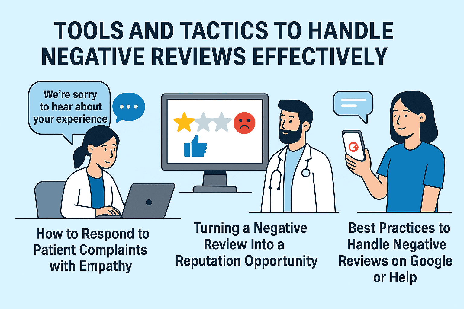 Infographic titled “Tools and Tactics to Handle Negative Reviews Effectively,” illustrating a healthcare provider reading a review on a tablet, a response message with empathetic language, and a checklist for best practices like responding promptly, staying professional, and resolving offline—emphasizing reputation recovery strategies for doctors.