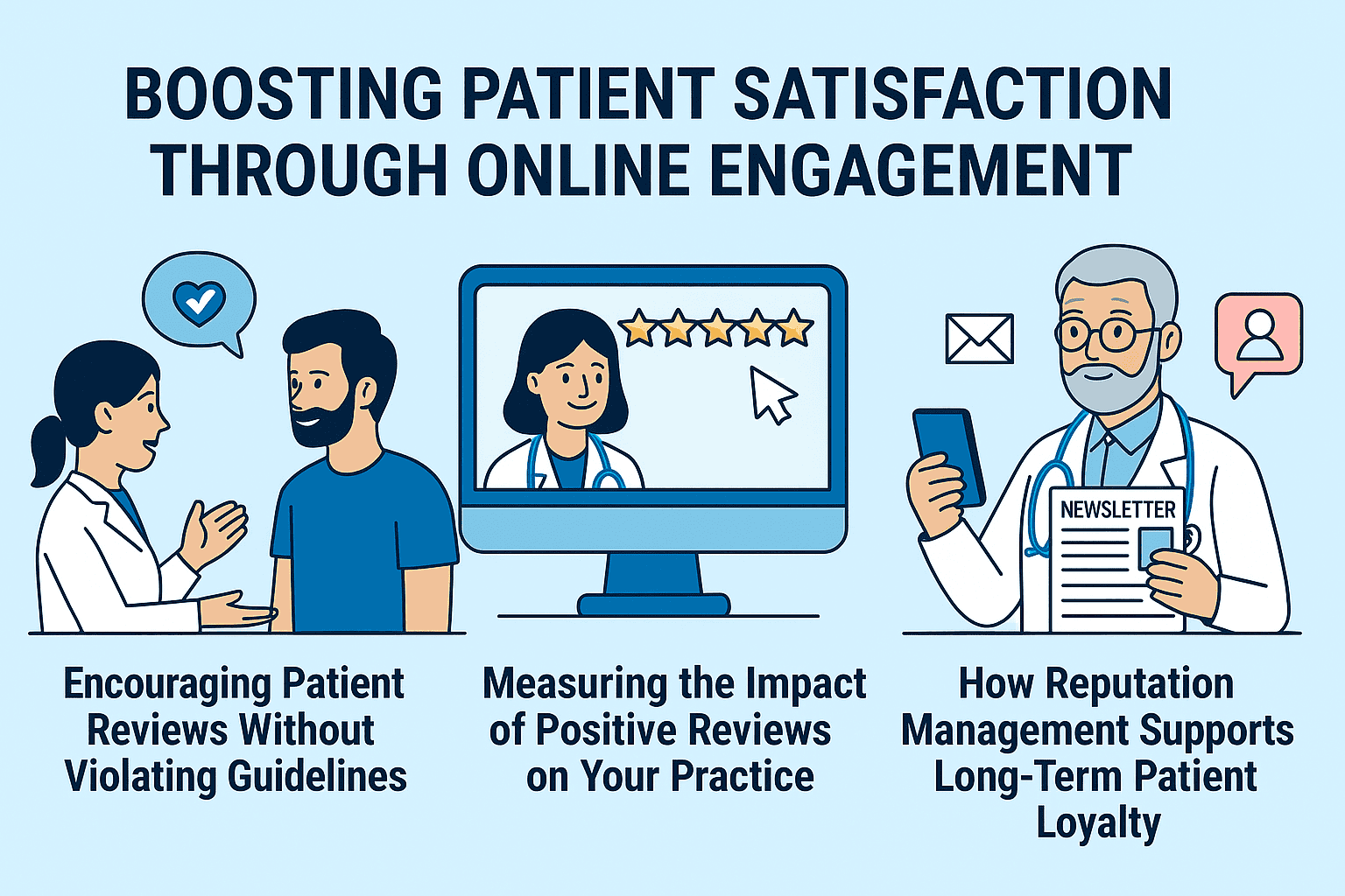Flat-style digital illustration showing a happy patient giving a 5-star review on a mobile device, a healthcare provider engaging with feedback on a laptop, and graphs tracking patient satisfaction—depicting how online engagement and review management build long-term loyalty. 